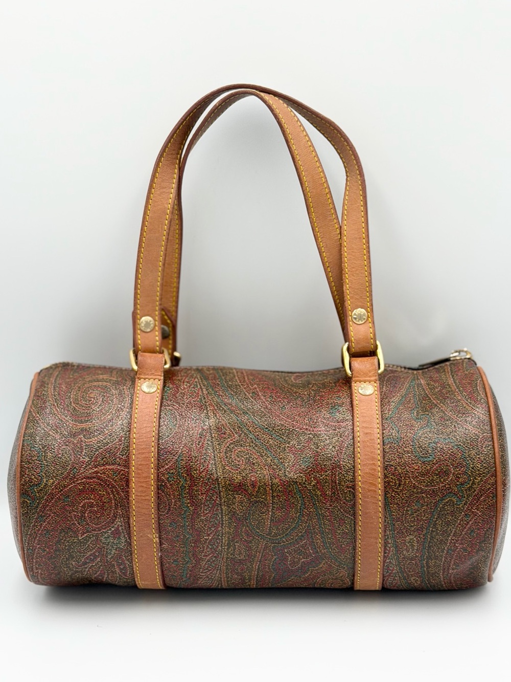 Etro Mini Brown Paisley Barrel Shoulder Bag with Tan Leather Straps